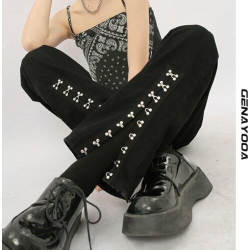 Genayooa Streetwear Black Front Split Jeans Woman High Waist Boyfriend Jeans For Women Wide Leg Pants Denim 2021 Korean Chic