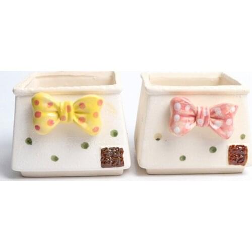 Korean Fresh Mini Bowknot Succulent Flowerpot Hand Painted Square Flower Pot Green Plant Potted Office Furnishings Home Garden