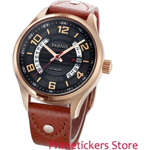 Golden plated case 43mm PARNIS black dial date sapphire glass automatic mens watch leather strap