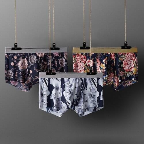 New Boxer Men Cueca Pomo Leaves Flower Print Boxer Shorts Bulge Pouch Underpants Gay Underpants Mens Underwear Boxers