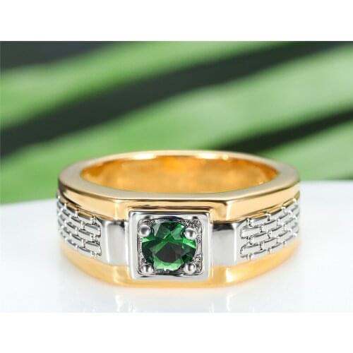 Small Round Green Zircon Yellow Gold Double Color Ring Men Vintage Yellow Gold CZ Stone Engagement Rings For Male Dainty Jewelry