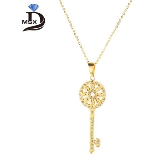 Cubic Zirconia Hollow out Key Pendant Necklaces Woman Link Chain Gold Color Necklace For Fashion Woman Jewelry Gift
