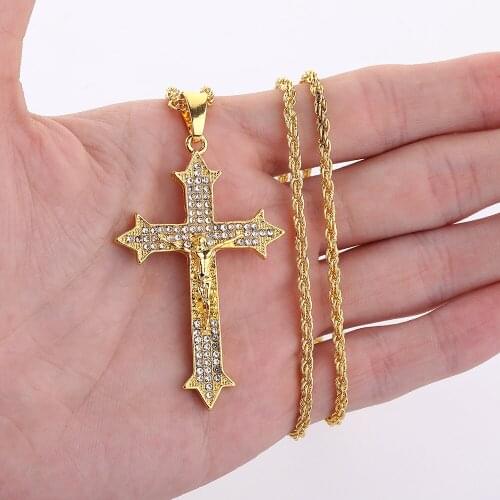 Jesus Cross Necklace Women Cross Pendant Crucifix crystal Necklace Men