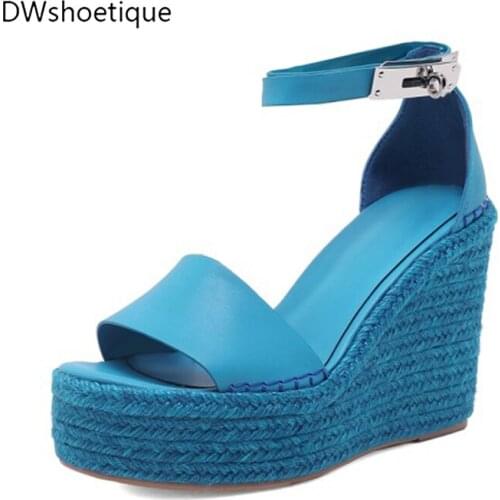 New summer wedges sandals high heels shoes genuine leather straw weaving 12 cm high heels wedges sandals for laides outdoor