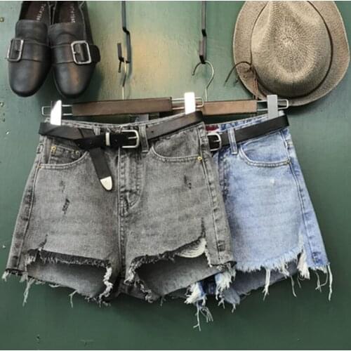 Smoke gray denim shorts 2020 summer women fashion irregular hole high waist loose wide leg jeans shorts
