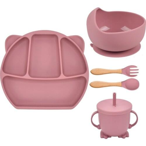 5Pcs/Set Cute Cartoon Lion Baby Silicone Plate Spoon Set Baby Feeding Silicone Dishes Waterproof Training Bowl Baby Accessories