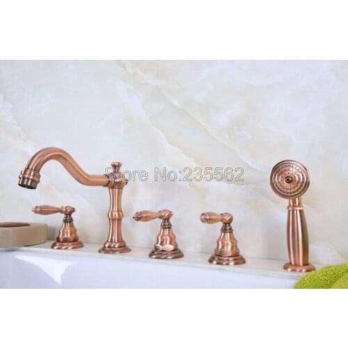 Antique Red Copper 5 Hole Roman Bathtub Faucet Tap &Handheld Shower Deck Mounted lna230