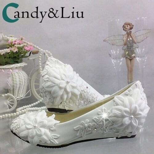 Wedge lace flower rhinestone wedding shoes white crystal pearl bride bridesmaid wedding photo work performance shoes
