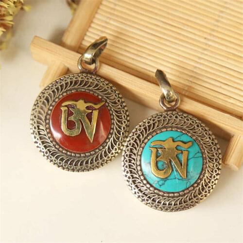 TGB111 Tibetan OM Mantra Prayer Box Locket Amulet White Metal Copper Inlay Colorful Stone Pendants