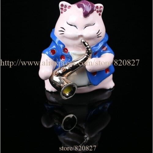 Gorgeous Cat Playing Saxophone Jewelled Trinket Box Jewelry Box with Inlaid Crystal, Pill Box Figurine