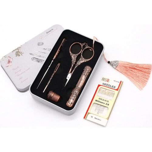 7Pcs/sets Vintage Scissor Sewing Tool Set Embroidery Scissor Needle Case Needle Bottle Sewing Thimble Antique Craft Sewing Tool