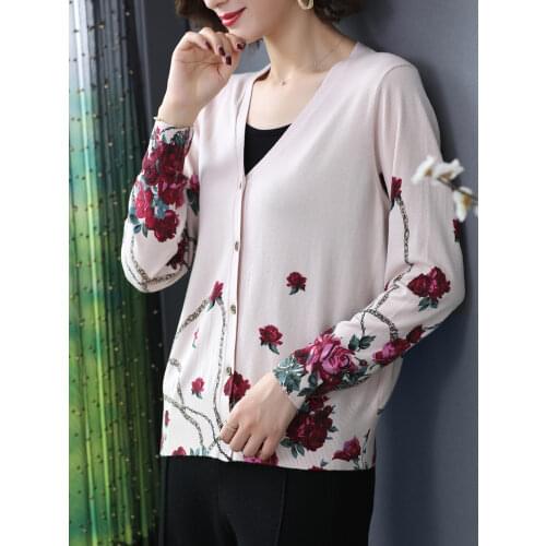 Floral Sweater Women New Autumn V Neck Print Pink Female Cardigan High Quality Crop Top Women Single-breasted Cardigans