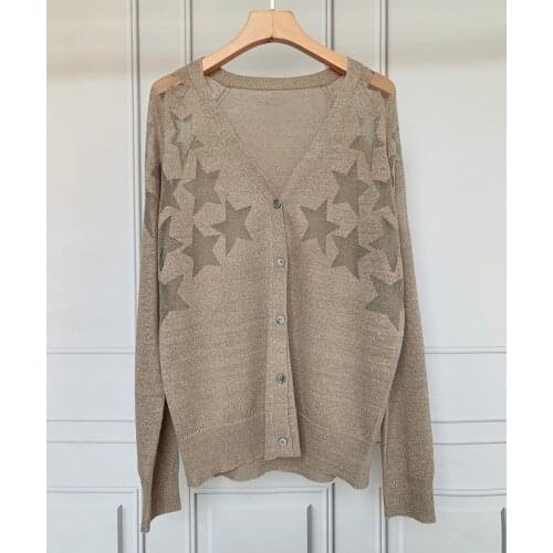 100% Linen Women Stars V-Neck Knitted Cardigan Lady Loose Long Sleeve Thin Sweater Female Fashion Knitwear Outwear Tops 2021 New