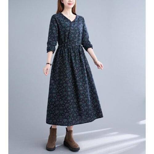 Autumn Dress 2021 New Print Floral Cotton Linen Prairie Chic Vintage Women Dress Office Lady Work Dress Spring Casual Dress