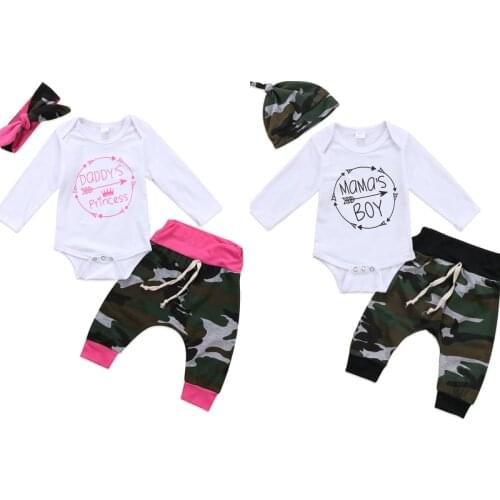 3Pcs/Set Newborn Baby Boys Girls Letter Romper +Camouflage Pants Hat Kids Outfits Baby Clothing