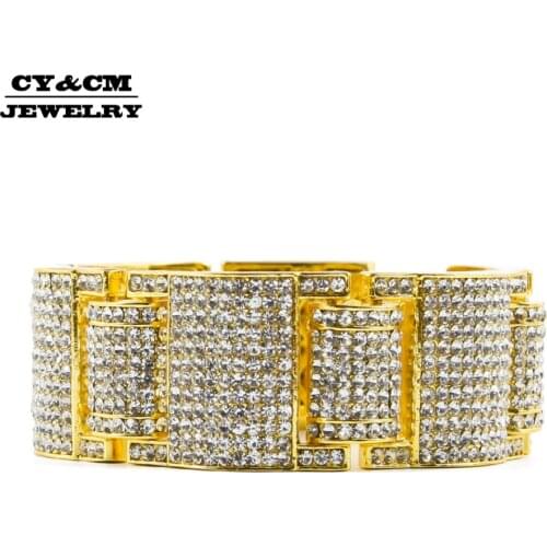 30mm Mens Hip Hop Iced Out Fashion Punk Jewelry Bling Full Rhinestone Link Crystal Gold Silver Color Black Bangle Bracelet 23