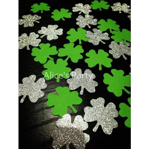 Hand punched 400pcs St.Patricks Day Paper Confetti Green Glitter Silver Clover Confetti Celebrate Party Table Scatter Setting