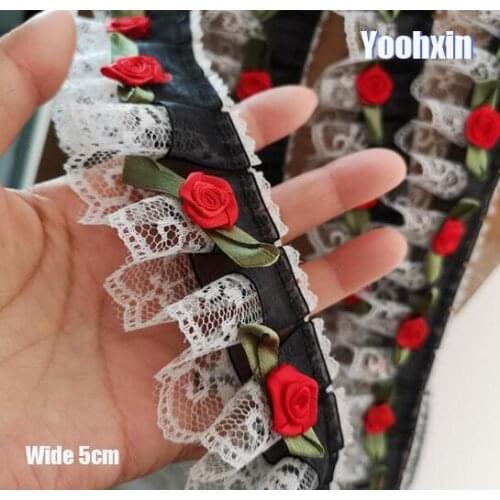 5CM Wide 3D Red Rose Black Elastic Pleated Chiffon Lace Embroidery Fabric Trim Ribbon DIY Sewing Applique Collar Guipure Supply