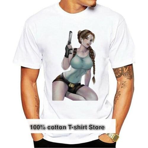 Tomb Raider Lara Croft Gun Holding White T Shirt