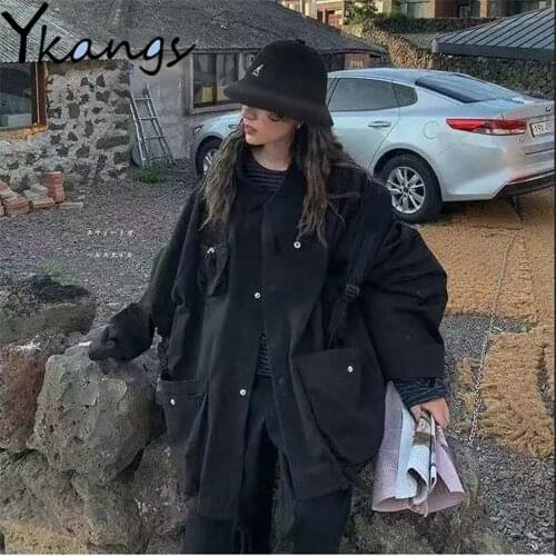 Harajuku Baseball Uniform Loose Trend Women Black Coat Korean Style Solid Color All-Match Jacket Gothic Spring Autumn Streetwear