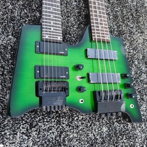 Double neck green electric guitar, black hardware, customized, free transportation