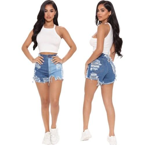 European and American womens fashion wear and tear Slim all-match stretch stitching mom denim shorts