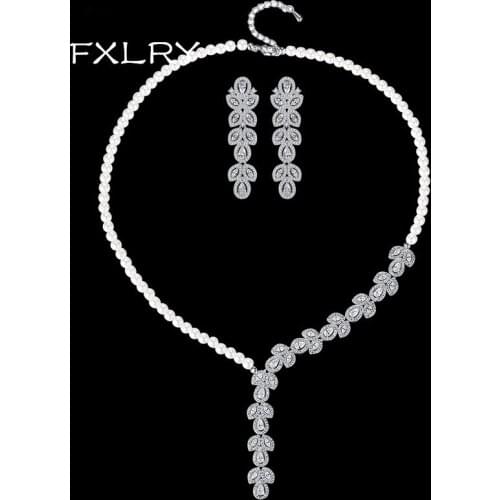 FXLRY Romantic White Color AAA Cubic Zirconia Stone Pearl Bridal Necklaces Earring For Wedding Bride Jewelry Sets
