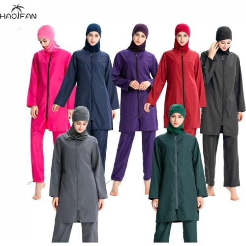 HAOFAN Arabic Islamic Muslim Women Swim Wear Burkini Hooded Hijab Swimsuit Modest Swim Surf Wear Sport Full Suit for Swimming