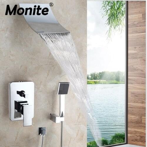 Monite Waterfall Shower Faucet Set Hand Spray Chrome Finish Wall Mount Shower Mixer Taps Solid Brass Bathtub Shower Faucet Set