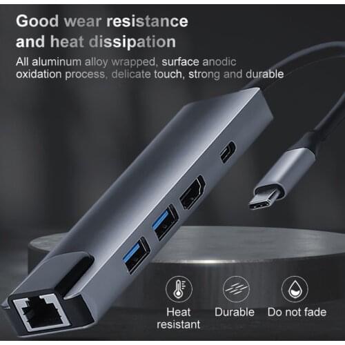 Multiple High Speed Expander Adapter 5 in 1 USB Type C Hub Adapter with 4K HDMI-compatible USB 3.0 2.0 RJ45 PD Charging Port