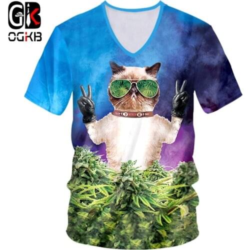 OGKB V Neck T Shirts Male Fashion Short Sleeve 3D Tshirt Printed Sunglasses Cat Plus Size Costume Homme Spring T-shirt