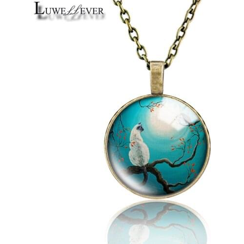Cat Necklace 6312 25mm Bronze 30mm Wood Rhinestone Double-sided Moon Round Glass Pendant For Women Gift
