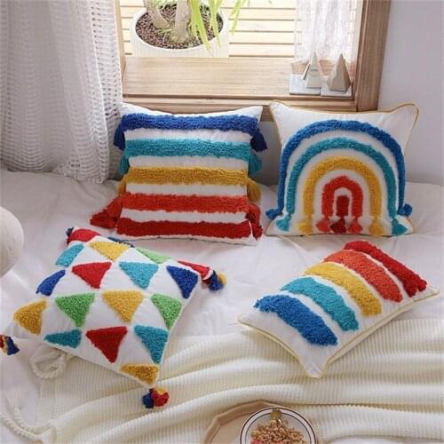 45X45cm luxury Throw Pillow cover Beige Tassel Handmade Cushion cover rainbow flocked livingroom decorative sofa cushion bag
