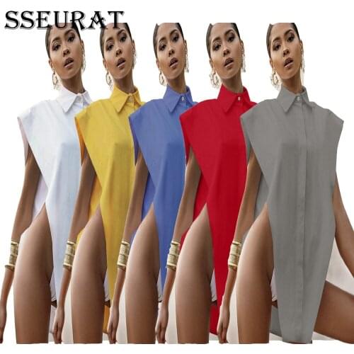 SSEYRAT 2021 Summer Women Shirts Sleeveless Button Up Long Blouses Shirts Streetwear Sexy Fashion Tops