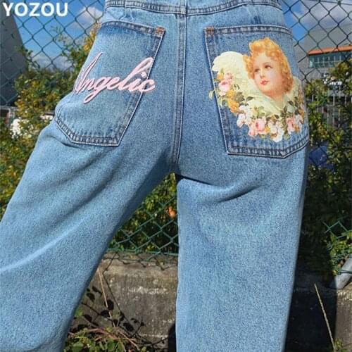 Women Casual England Style High Waist Back Little Angle Pattern Printting Denim Trousers Pants Jeans For Female
