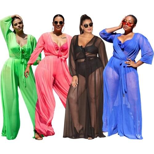 Sexy V-neck Plus Size Mesh Jumpsuit Women Long Playsuit One Piece Rompers Night Club Party Wide Leg Beach Jumpsuits 4XL 5XL