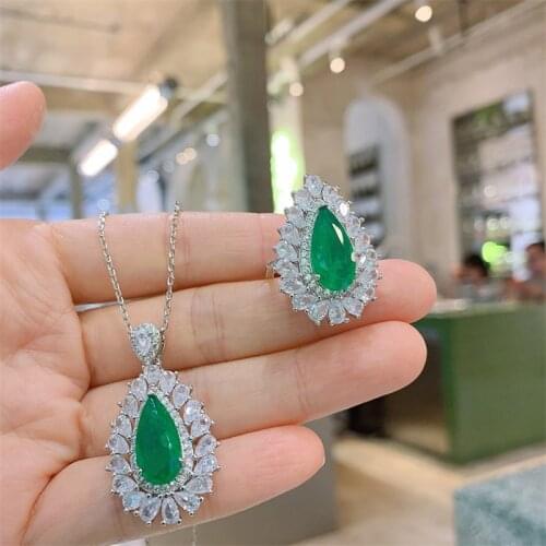 QTT 8*16 Pendant Necklace Ring Set For Women Fashion Silver Jewelry Set Paraiba Emerald Tourmaline Gemstone 2020 Trendy
