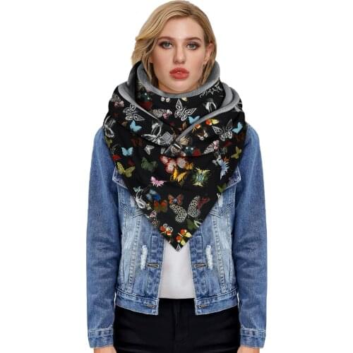 Women Winter Butterfly Print Button Soft Wrap Femme Casual Warm Scarves Шарф Shawls Leisure Comfortable Button Turban Scarf