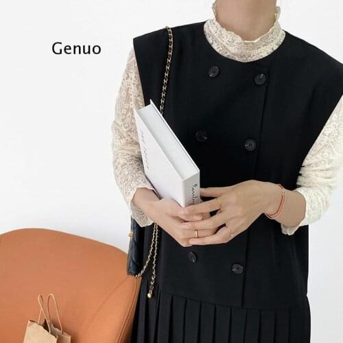 2021 Spring Elegant Women Vest Dress Sleeveless Korean Pleated Dresses Loose Stitching Long Dress