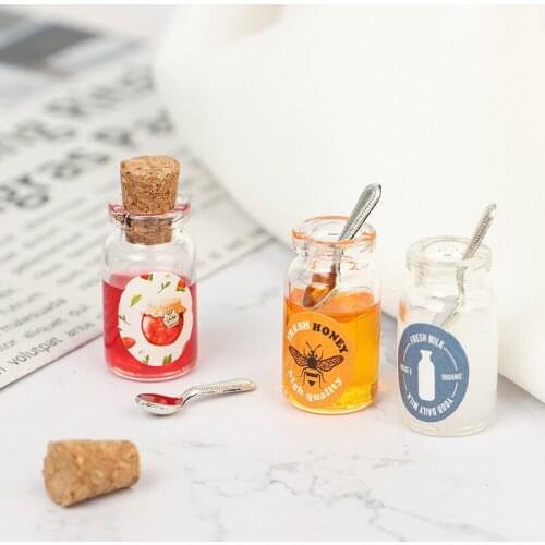 1:12 Dollhouse Miniature Milk Honey Strawberry Jam With Spoon Set Doll Food Toy Kitchen Accessories Kids Gift Pretend Play Toy