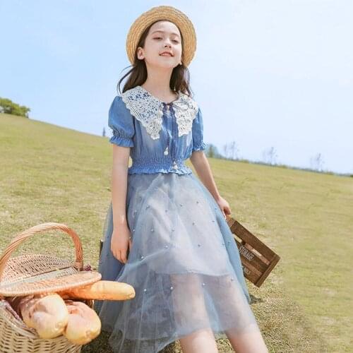 2020 Summer Toddler Baby Girls Fashion Party Dresses Kids Jean Mesh Princess Dress For Girl Children Pearls Beading Dresses W240