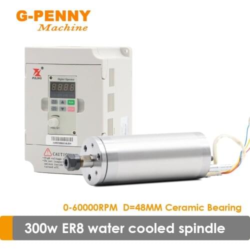 300w ER8 Water cooled spindle motor 75vAC 10000-60000rpm Water cooling 1000Hz Dimeter 48mm*130mm & 1.5KW Fuling Inverter VFD