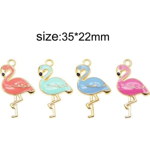 Julie Wang 4PCS Enamel Flamingo Charms 4 Colors Bird Animal Bracelet Necklace Earring Alloy Gold Tone Jewelry Making Accessory