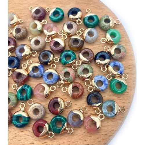 5pc/pack Natural Stone Charms Pendants Round Circular Ring Gold Color Metal DIY Making Necklace Earrings Electroplating 10x14mm
