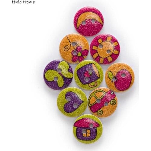 50pcs Life Theme Printing Round Wood buttons Sewing Scrapbook Clothing Gifts Crafts Handwork Accessories Fabric DIY 15mm