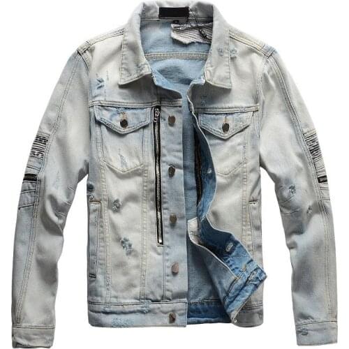 ABOORUN 2021 Hi Street Mens Fashion Biker Denim Jackets Zippers Patchwork Jean Coat for Male