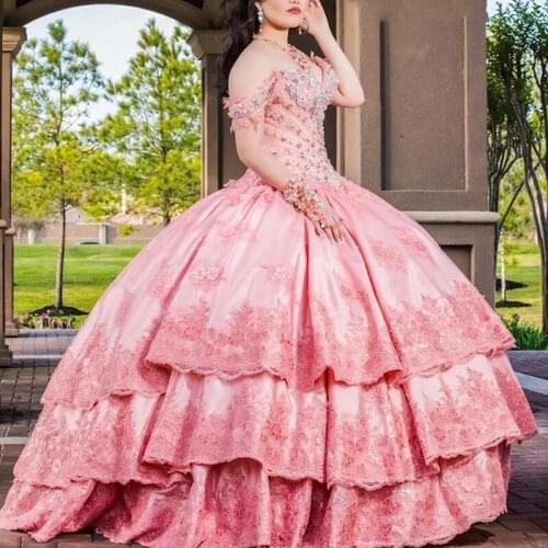 Watermelon Sweet 16 Quinceanera Dresses Lace Applique Off Shoulder Pageant Dress Tiered Skirt Mexican Girls Birthday Gowns