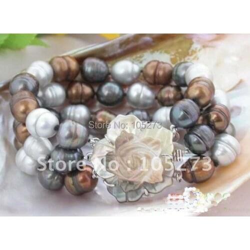 3Row AA13-14MM Multicolor Rice Shaper Genuine Freshwater Pearl Bracelet Shell Flower Clasp Fashion Pearl Jewelry Hot Sale FN1363