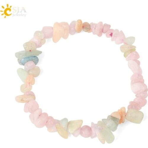 CSJA Natural Stone Strand Bracelets Mixed Color Morganite Irregular Chip Beads Healing Jewelry for Women Girl Pink Bracelet G632