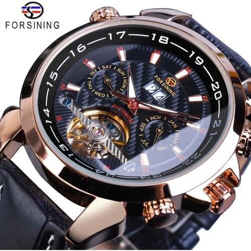 Forsining Rose Golden Tourbillon Mechanical Watches Classic Automatic Skeleton Date Genuine Leather Male Clock Reloj Hombre 2019